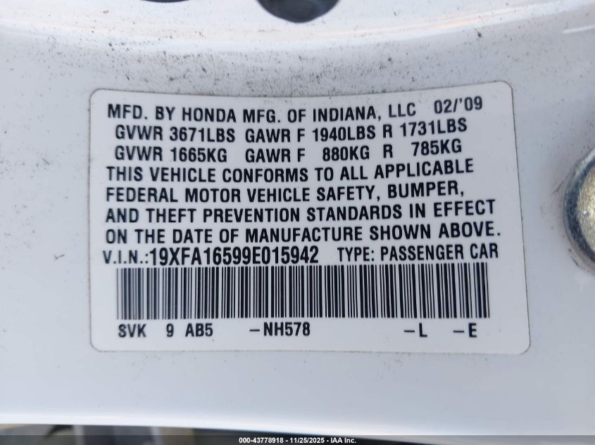 2009 Honda Civic Lx VIN: 19XFA16599E015942 Lot: 43778918