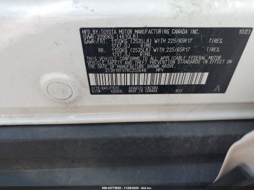 2024 Toyota Rav4 Le VIN: 2T3H1RFV7RC255648 Lot: 43778920