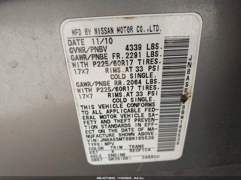 2011 Nissan Rogue Sv VIN: JN8AS5MT8BW165539 Lot: 43778935