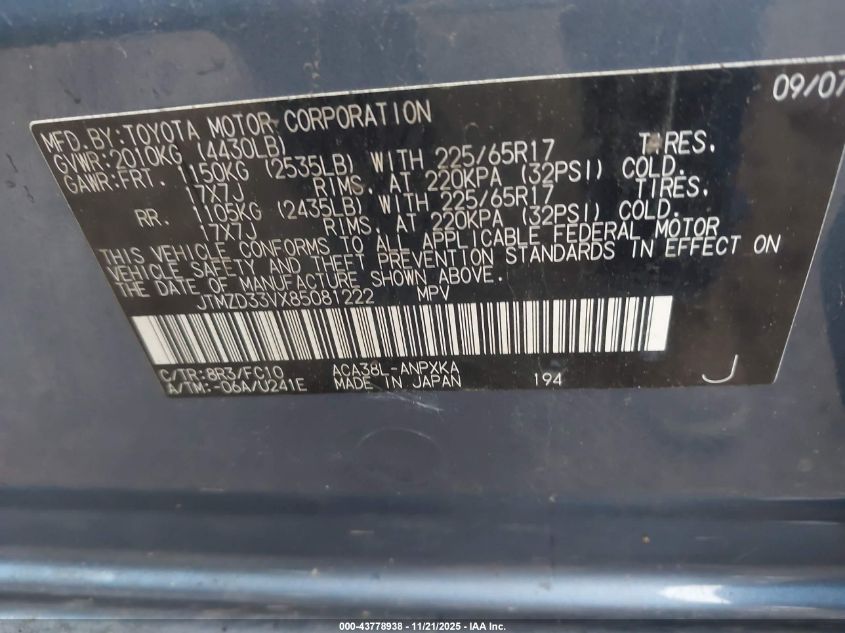 2008 Toyota Rav4 VIN: JTMZD33VX85081222 Lot: 43778938