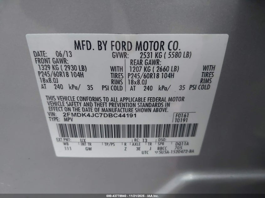 2013 Ford Edge Sel VIN: 2FMDK4JC7DBC44191 Lot: 43778940