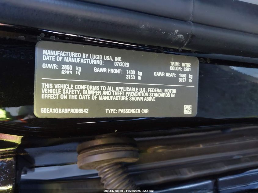 2023 Lucid Air Grand Touring VIN: 50EA1GBA9PA006542 Lot: 43778950