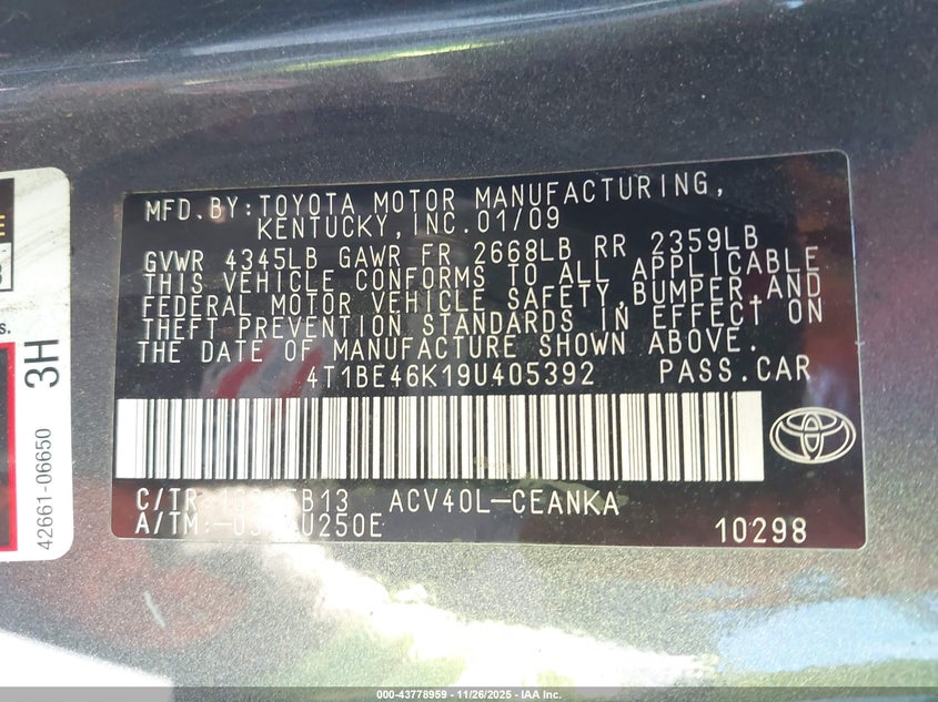 2009 Toyota Camry Le VIN: 4T1BE46K19U405392 Lot: 43778959