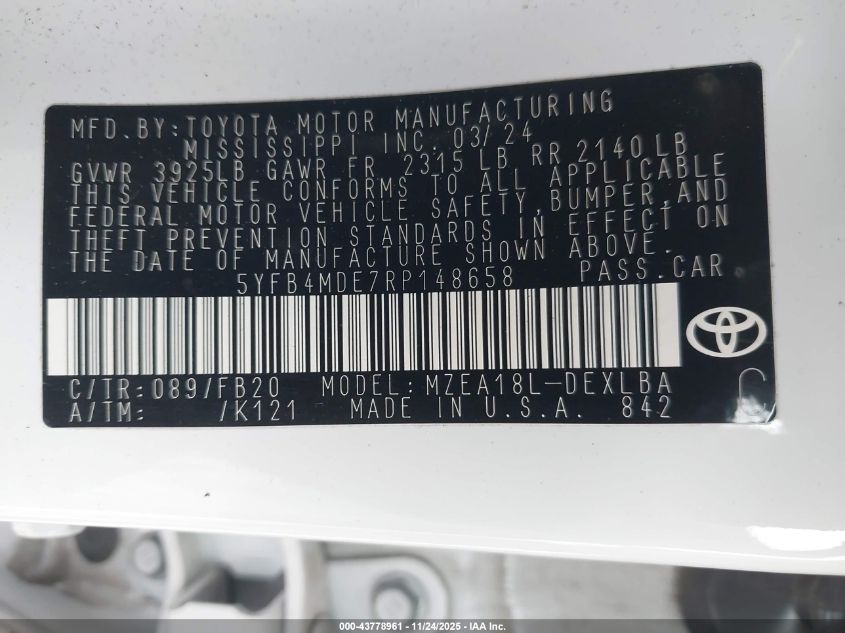 2024 Toyota Corolla Le VIN: 5YFB4MDE7RP148658 Lot: 43778961