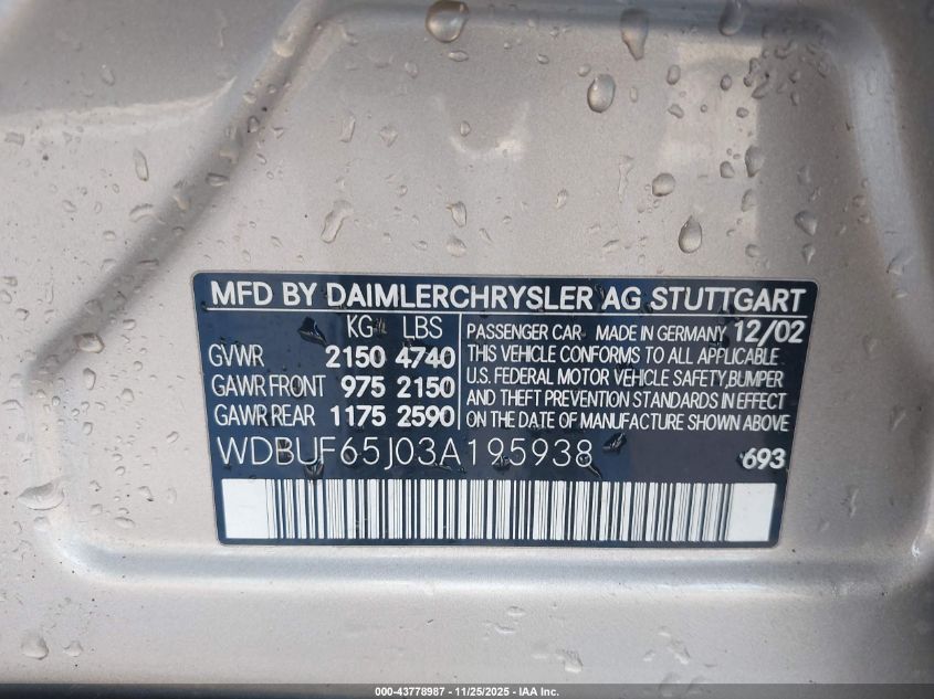 2003 Mercedes-Benz E 320 VIN: WDBUF65J03A195938 Lot: 43778987