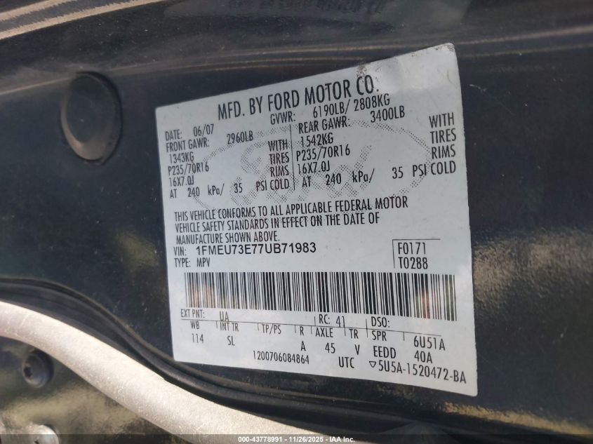 2007 Ford Explorer Xlt VIN: 1FMEU73E77UB71983 Lot: 43778991