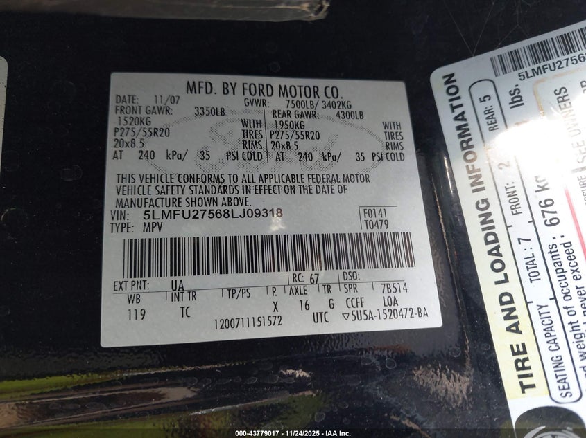 2008 Lincoln Navigator VIN: 5LMFU27568LJ09318 Lot: 43779017