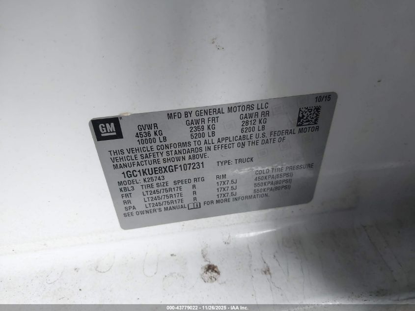 2016 Chevrolet Silverado 2500Hd Wt VIN: 1GC1KUE8XGF107231 Lot: 43779022