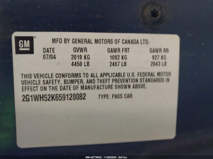 2005 Chevrolet Impala Ls VIN: 2G1WH52K659120082 Lot: 43779032