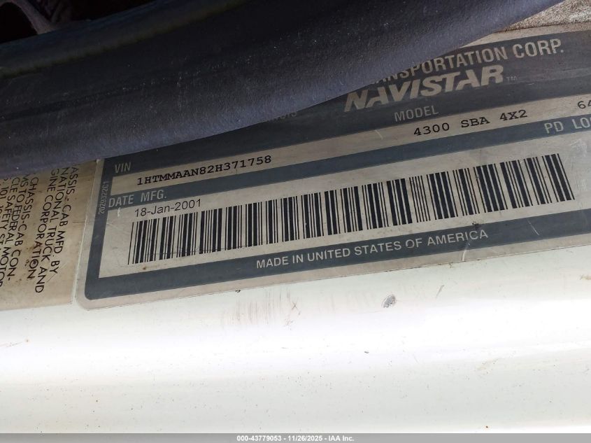 2002 International 4000 4300 VIN: 1HTMMAAN82H371758 Lot: 43779053