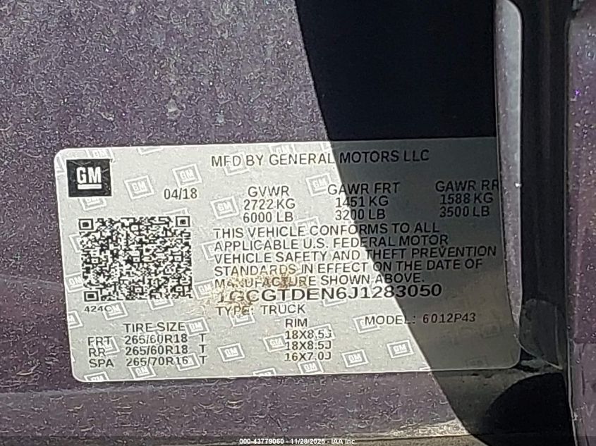 2018 Chevrolet Colorado Z71 VIN: 1GCGTDEN6J1283050 Lot: 43779060