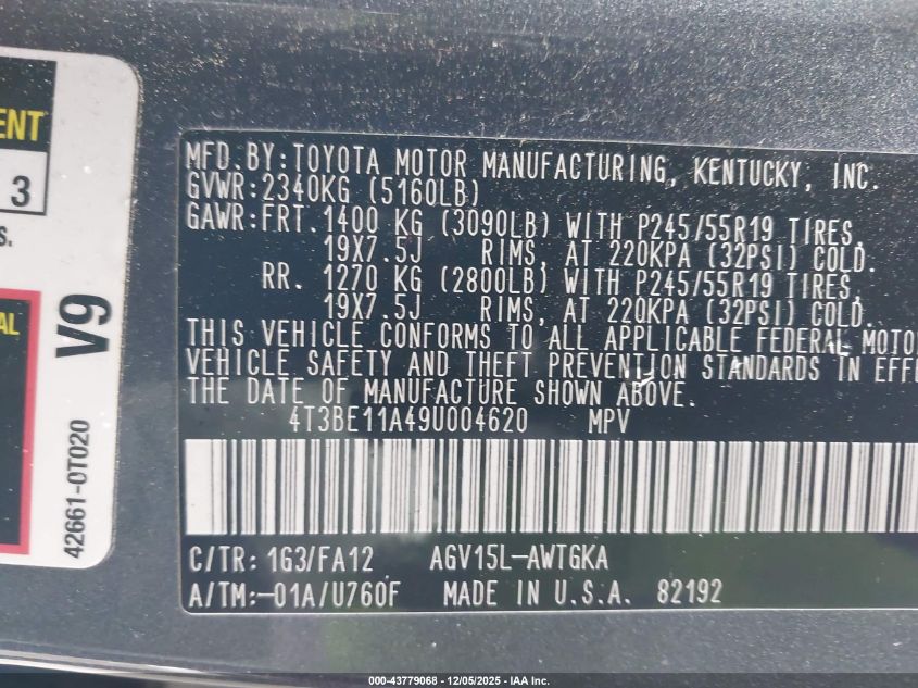 2009 Toyota Venza VIN: 4T3BE11A49U004620 Lot: 43779068