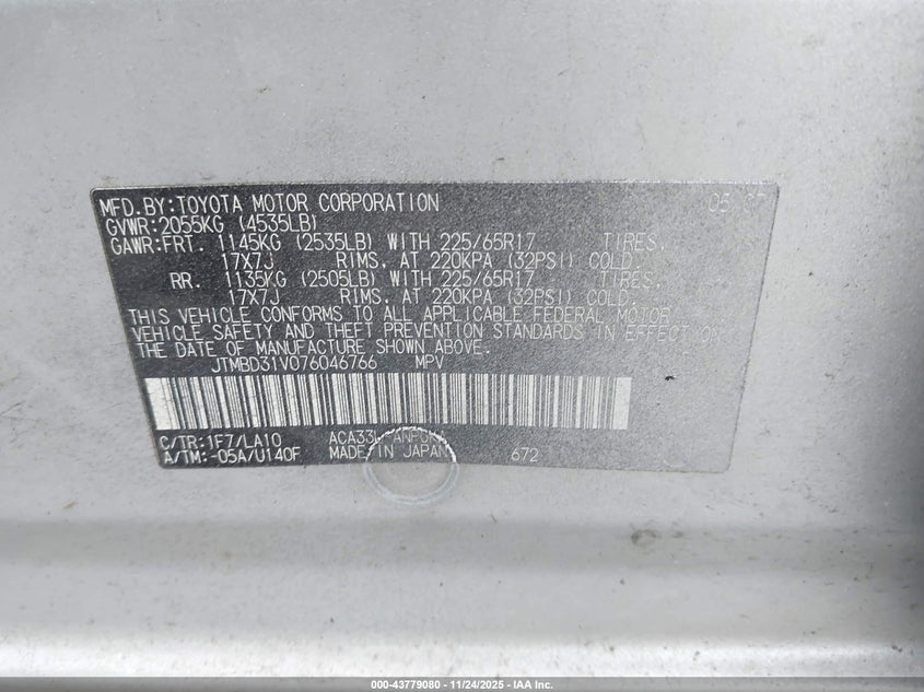 2007 Toyota Rav4 Limited VIN: JTMBD31V076046766 Lot: 43779080