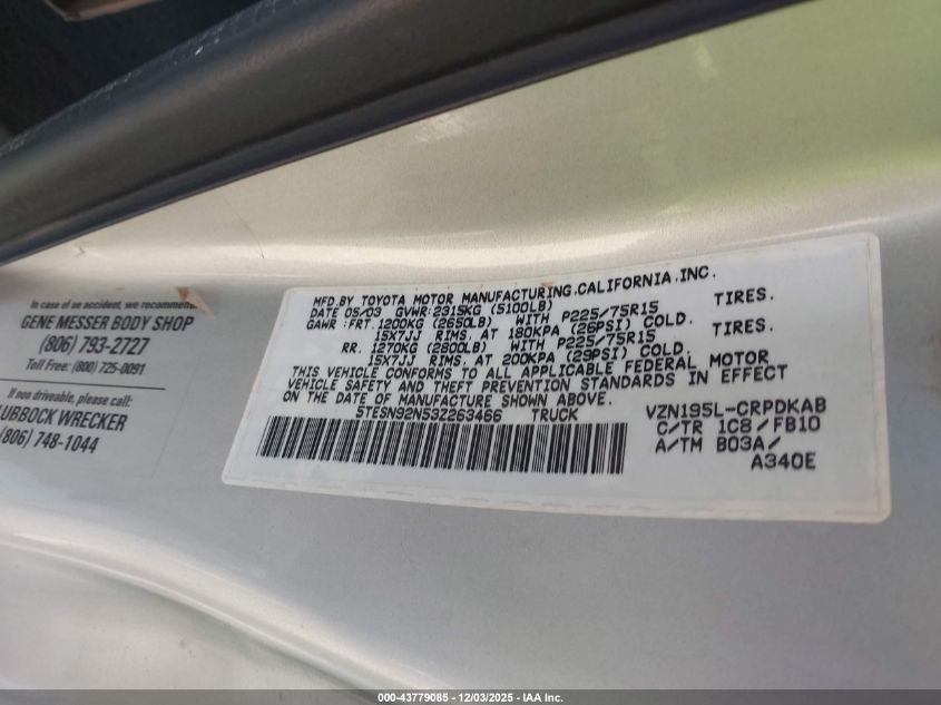 2003 Toyota Tacoma Prerunner V6 VIN: 5TESN92N53Z263466 Lot: 43779085