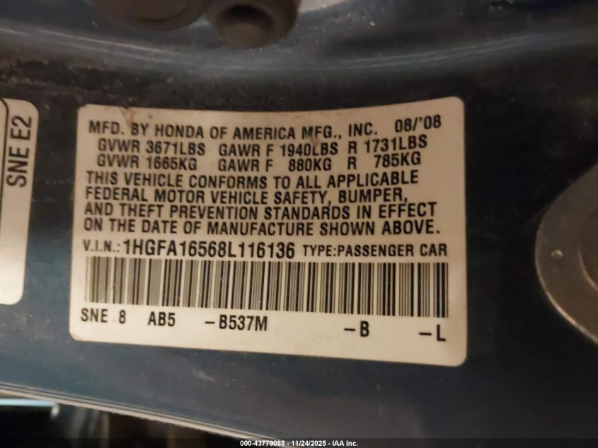 2008 Honda Civic Lx VIN: 1HGFA16568L116136 Lot: 43779089