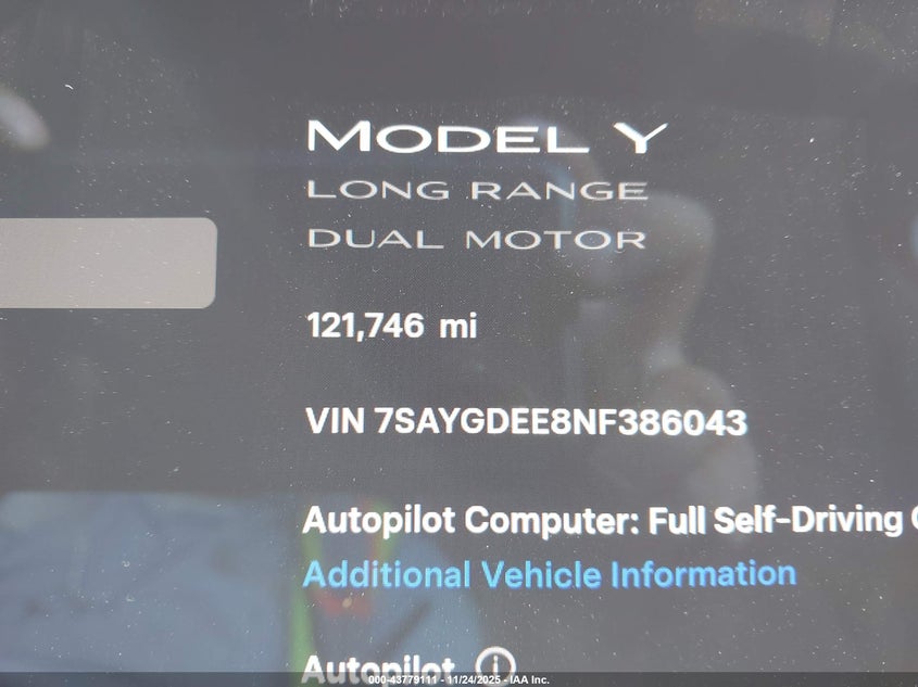 2022 Tesla Model Y Long Range Dual Motor All-Wheel Drive VIN: 7SAYGDEE8NF386043 Lot: 43779111