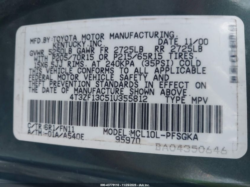 2001 Toyota Sienna Le VIN: 4T3ZF13C51U355812 Lot: 43779110