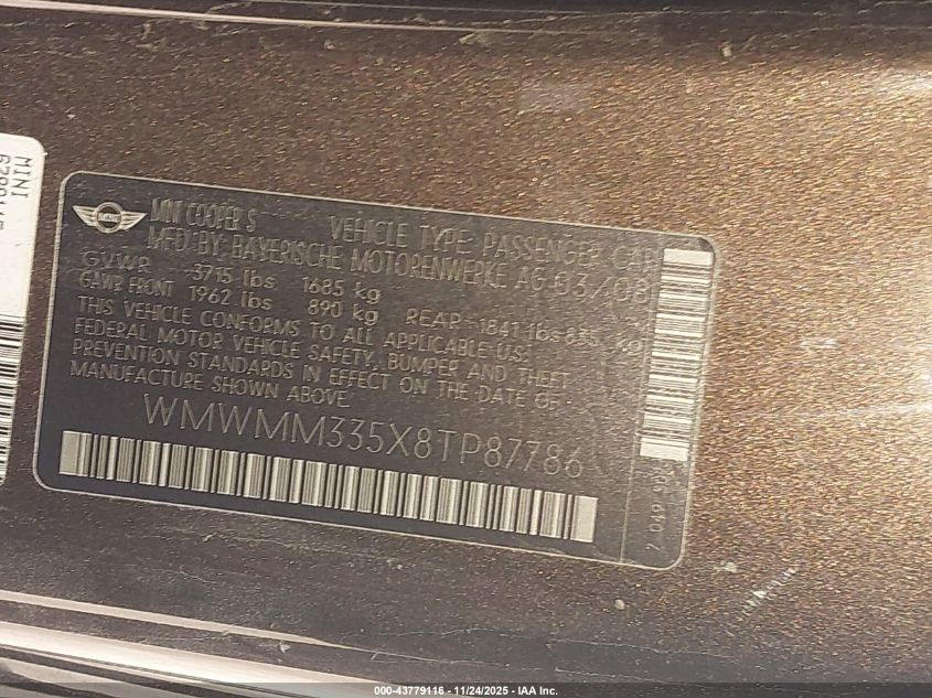 2008 Mini Cooper S Clubman VIN: WMWMM335X8TP87786 Lot: 43779116