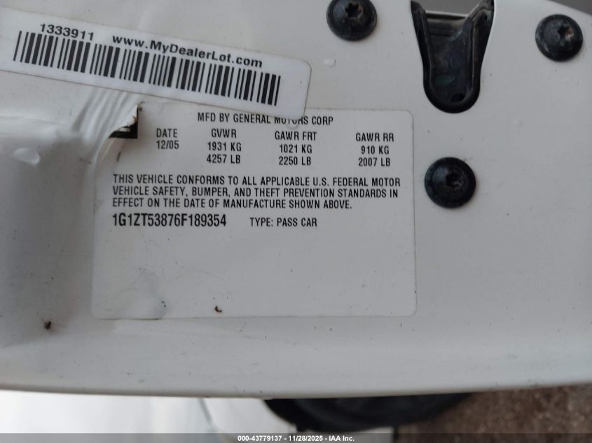 2006 Chevrolet Malibu Lt VIN: 1G1ZT53876F189354 Lot: 43779137