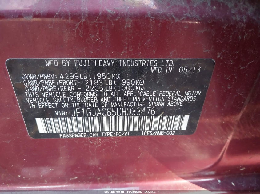 2013 Subaru Impreza 2.0I Premium VIN: JF1GJAC65DH033476 Lot: 43779148