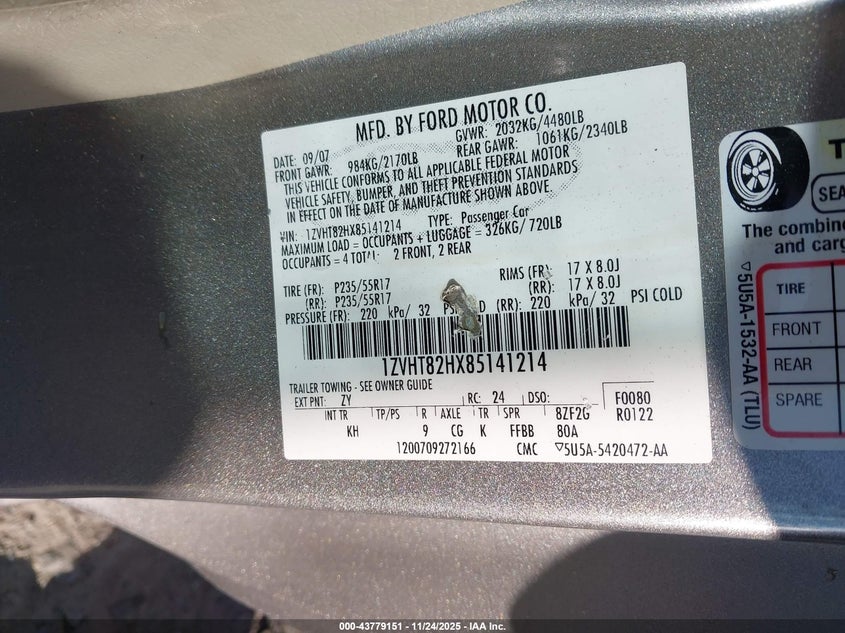 2008 Ford Mustang Gt Premium VIN: 1ZVHT82HX85141214 Lot: 43779151