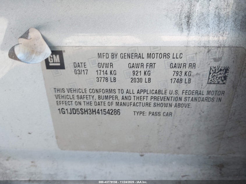 2017 Chevrolet Sonic Lt Auto VIN: 1G1JD5SH3H4154286 Lot: 43779156