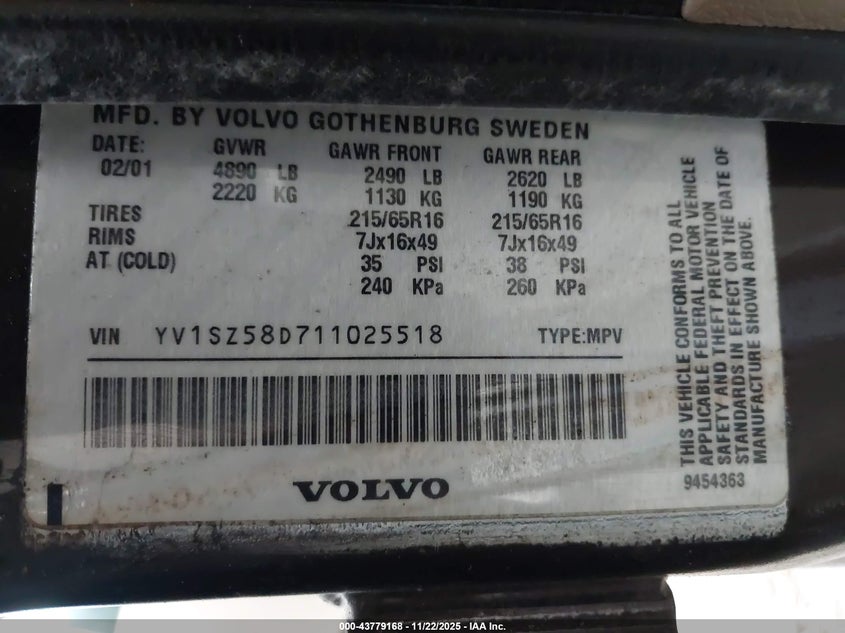 2001 Volvo V70 Xc VIN: YV1SZ58D711025518 Lot: 43779168