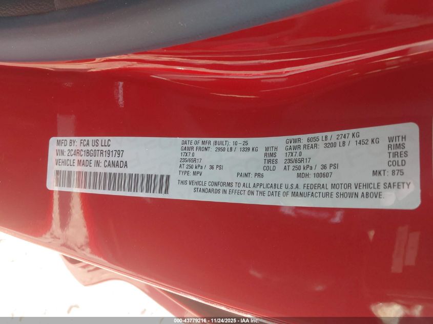 2026 Chrysler Pacifica Select VIN: 2C4RC1BG0TR191797 Lot: 43779216