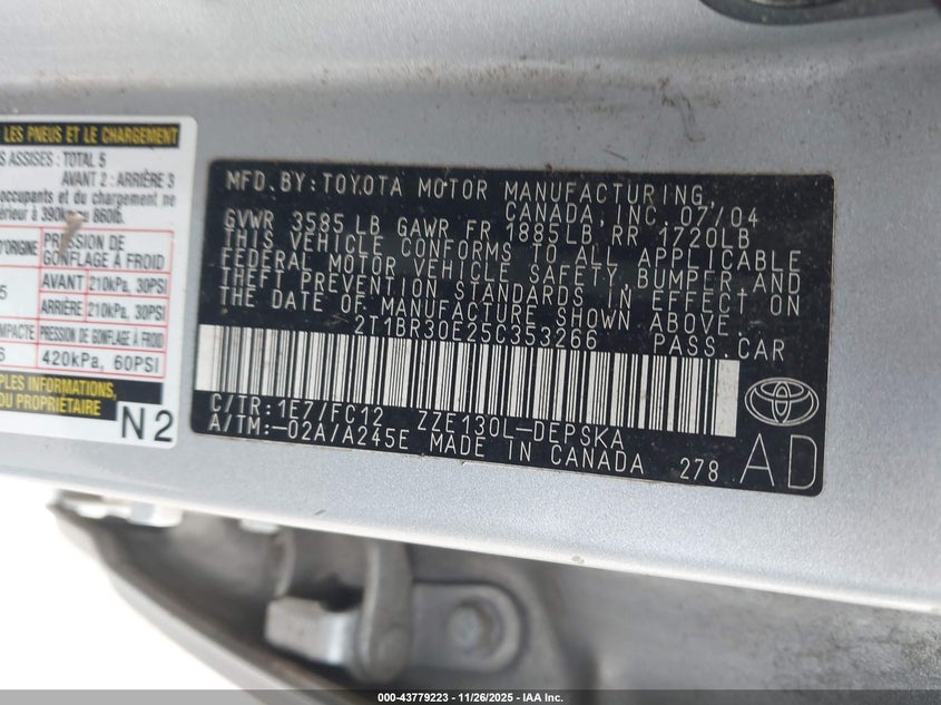 2005 Toyota Corolla S VIN: 2T1BR30E25C353266 Lot: 43779223