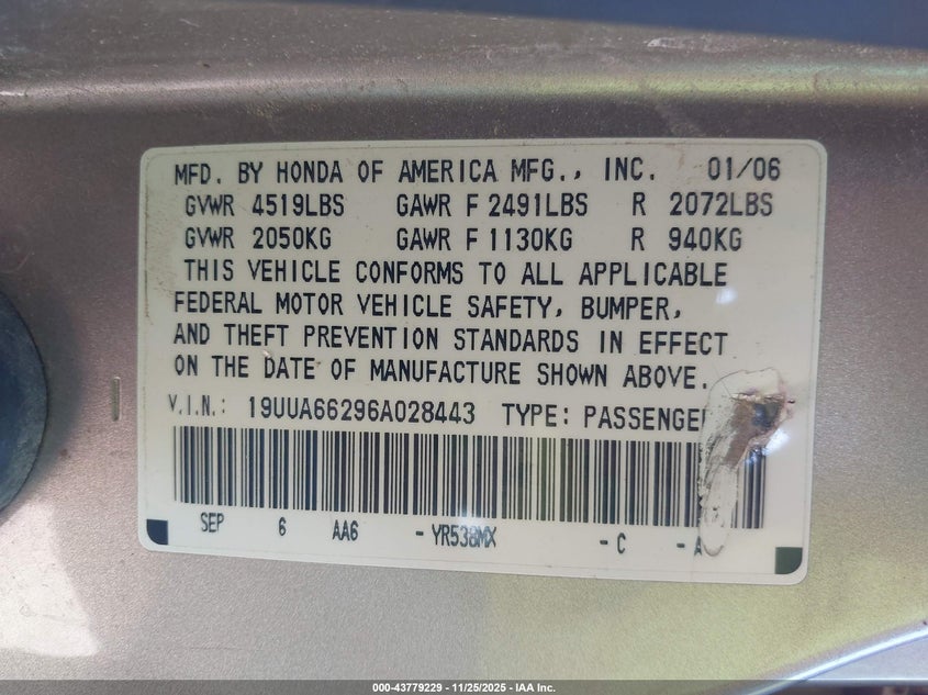 2006 Acura Tl VIN: 19UUA66296A028443 Lot: 43779229