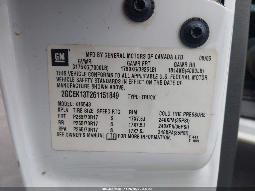 2006 Chevrolet Silverado 1500 Lt2 VIN: 2GCEK13T261151849 Lot: 43779236