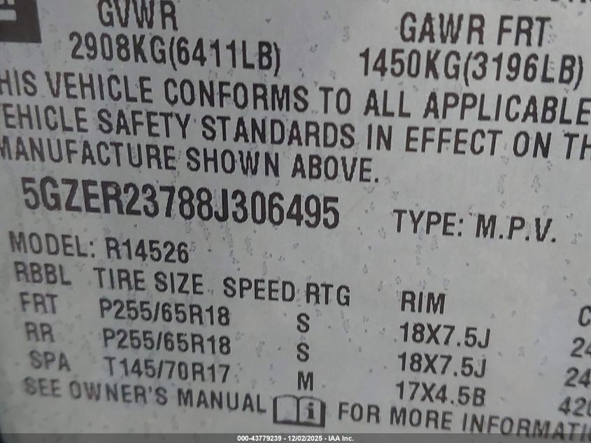 2008 Saturn Outlook Xr VIN: 5GZER23788J306495 Lot: 43779239