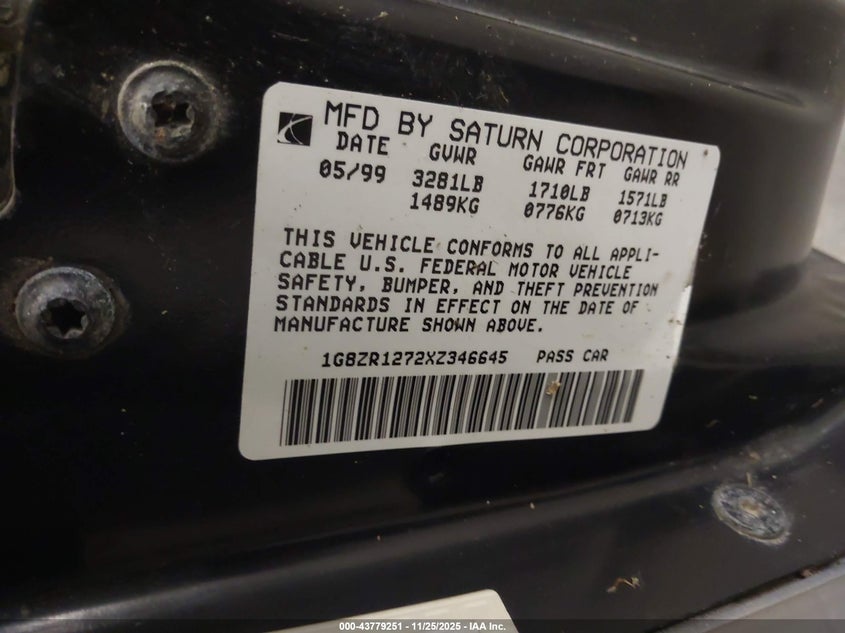 1999 Saturn Sc2 VIN: 1G8ZR1272XZ346645 Lot: 43779251
