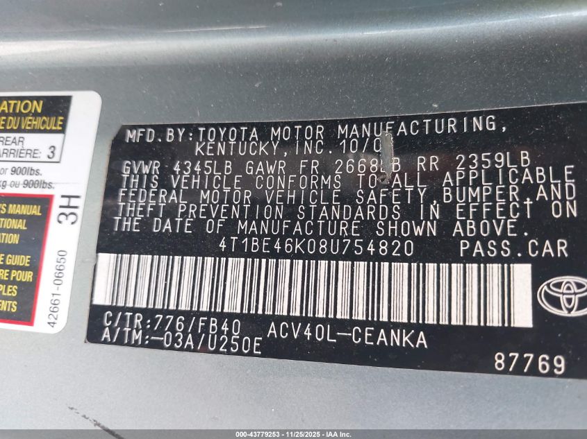 2008 Toyota Camry Le VIN: 4T1BE46K08U754820 Lot: 43779253