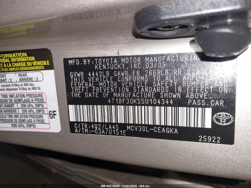 2005 Toyota Camry Xle V6 VIN: 4T1BF30K55U104344 Lot: 43779258
