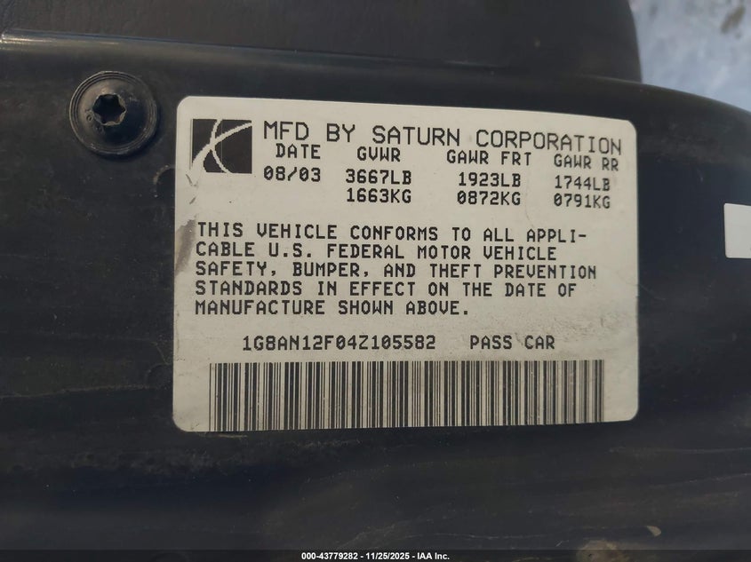 2004 Saturn Ion 2 VIN: 1G8AN12F04Z105582 Lot: 43779282