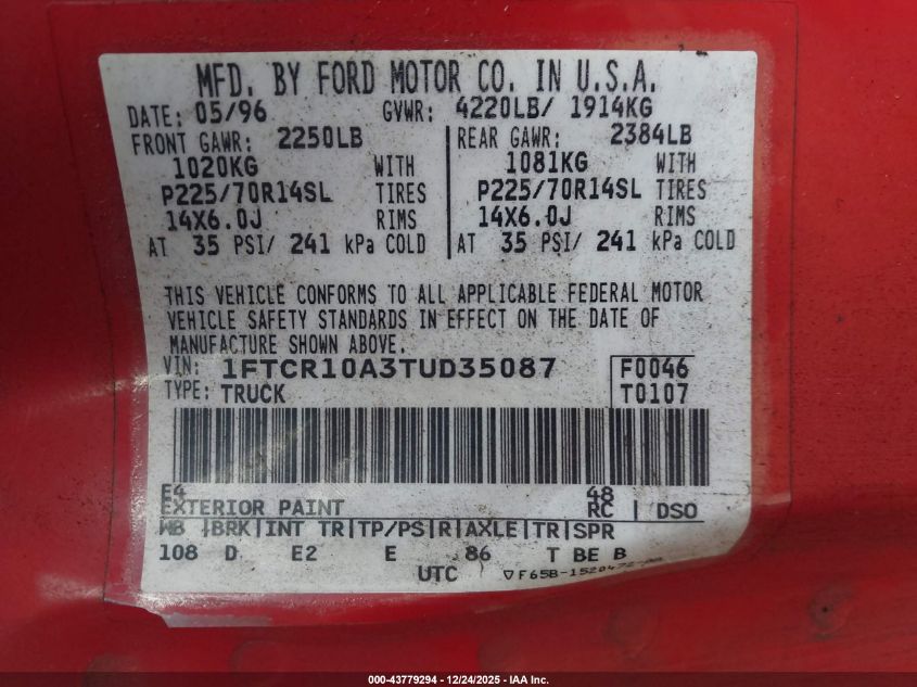 1996 Ford Ranger VIN: 1FTCR10A3TUD35087 Lot: 43779294