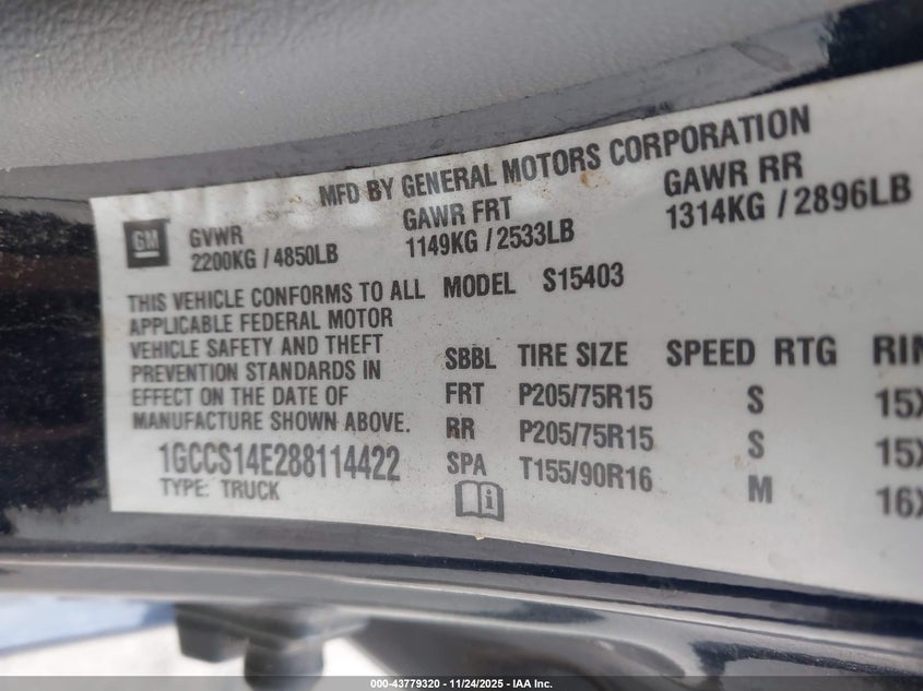 2008 Chevrolet Colorado Work Truck VIN: 1GCCS14E288114422 Lot: 43779320
