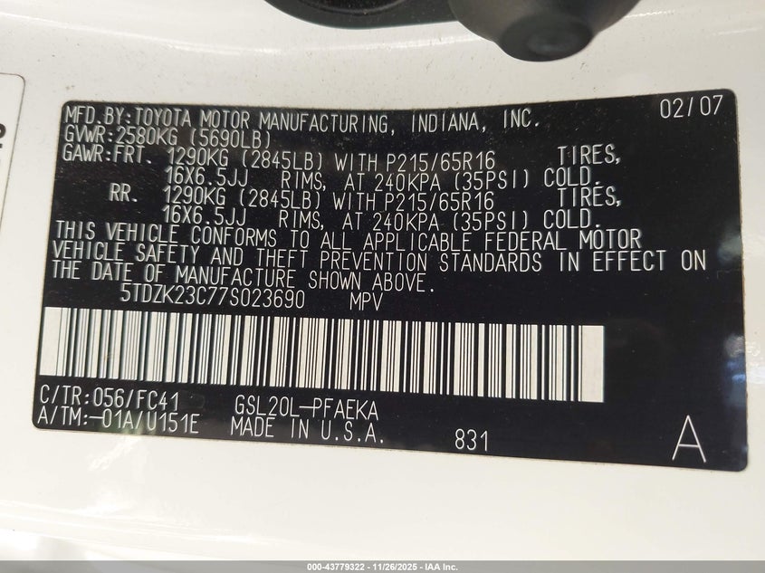 2007 Toyota Sienna Le VIN: 5TDZK23C77S023690 Lot: 43779322