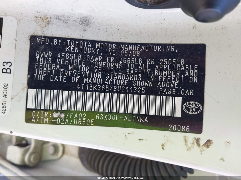 2008 Toyota Avalon Xl VIN: 4T1BK36B78U311325 Lot: 43779329