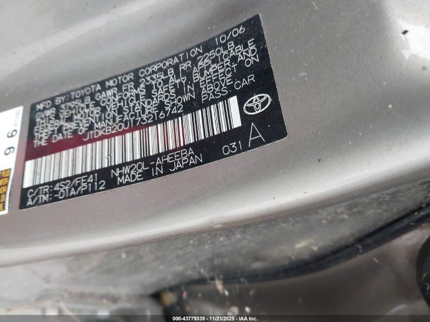 2007 Toyota Prius Touring VIN: JTDKB20U173216742 Lot: 43779339