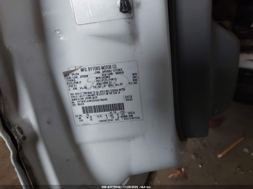2005 Ford F-150 Stx/Xl/Xlt VIN: 1FTRX14W25NA18646 Lot: 43779340