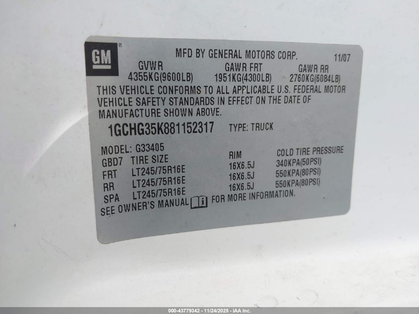 2008 Chevrolet Express Work Van VIN: 1GCHG35K881152317 Lot: 43779342