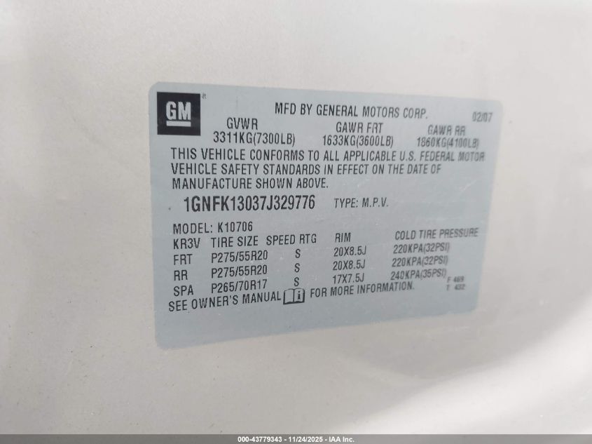 2007 Chevrolet Tahoe Lt VIN: 1GNFK13037J329776 Lot: 43779343