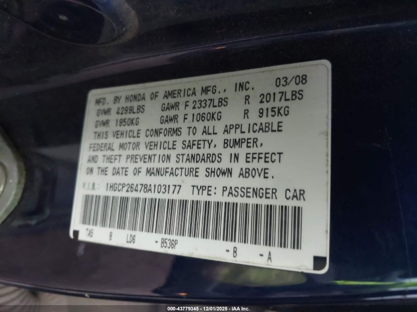 2008 Honda Accord 2.4 Lx-P VIN: 1HGCP26478A103177 Lot: 43779345