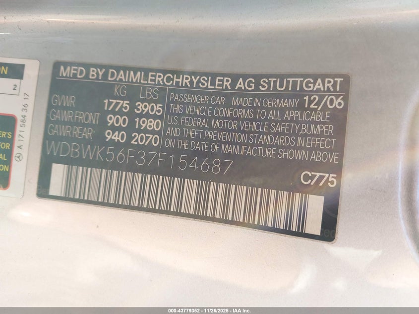 2007 Mercedes-Benz Slk 350 VIN: WDBWK56F37F154687 Lot: 43779352