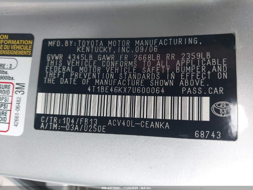 2007 Toyota Camry Le VIN: 4T1BE46KX7U600064 Lot: 43779361