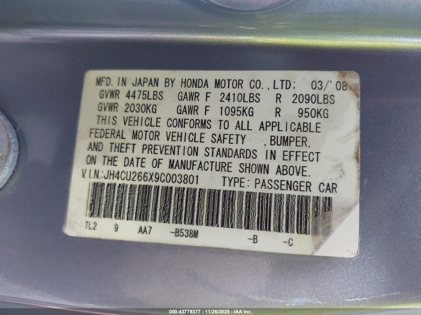 2009 Acura Tsx VIN: JH4CU266X9C003801 Lot: 43779377