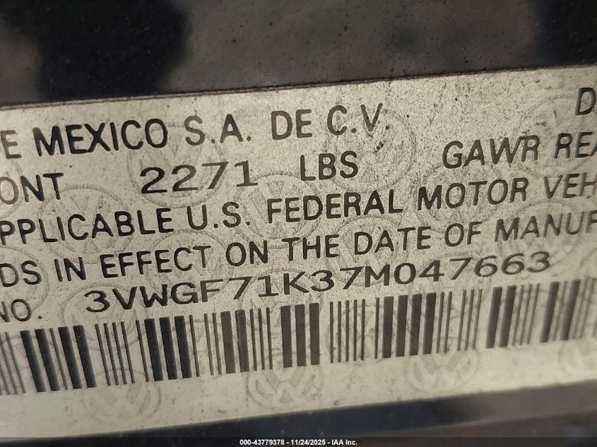 2007 Volkswagen Jetta VIN: 3VWGF71K37M047663 Lot: 43779378