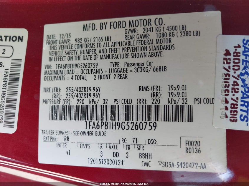 2016 Ford Mustang Ecoboost VIN: 1FA6P8TH9G5260759 Lot: 43779382